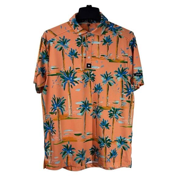 Bad Birdie Hotel California Golf Polo Shirt Mens Small Orange Palm Tree AOP - Picture 1 of 12